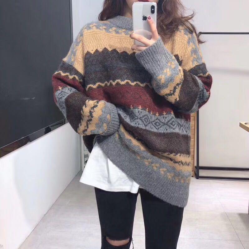 Women's Round Neck Pullover Sweater – Korean Style Retro Long Sleeve Jacket, Autumn/Winter 2020, Loose Fit.