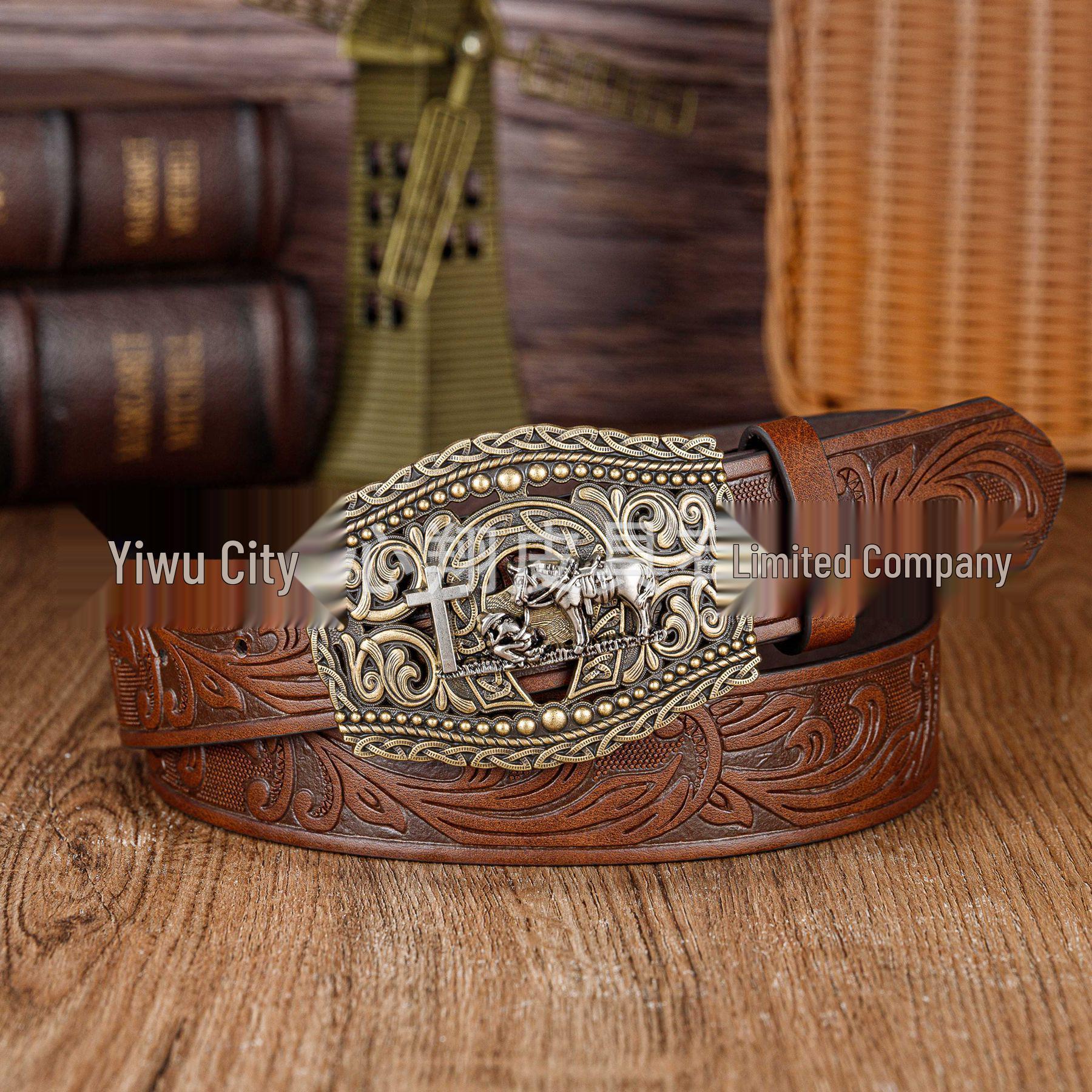 Retro Unisex Western Cowboy PU Leather Belt with Hollowed-Out Horseman Buckle 120cm