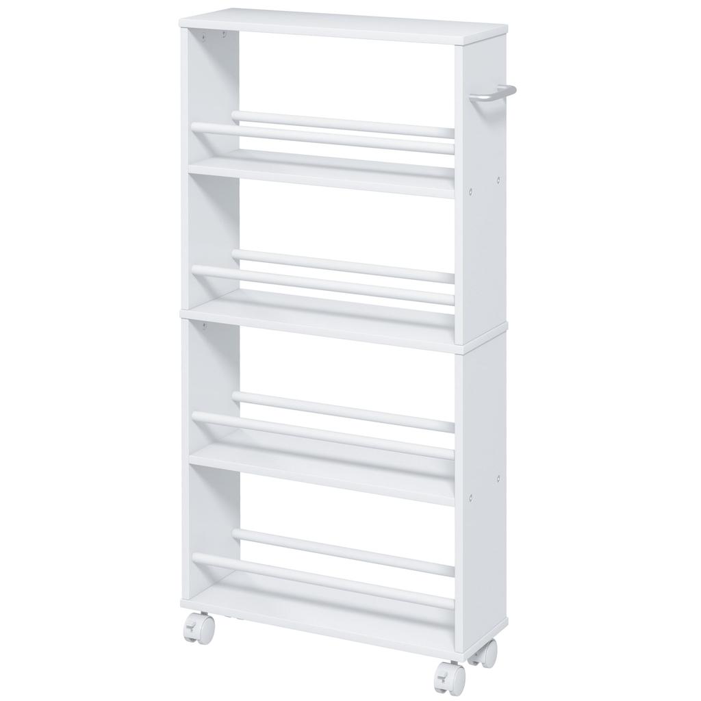 Multifunkční regál na kolečkách, úzký design, 4 přihrádky, 45x15x91 cm, bílý