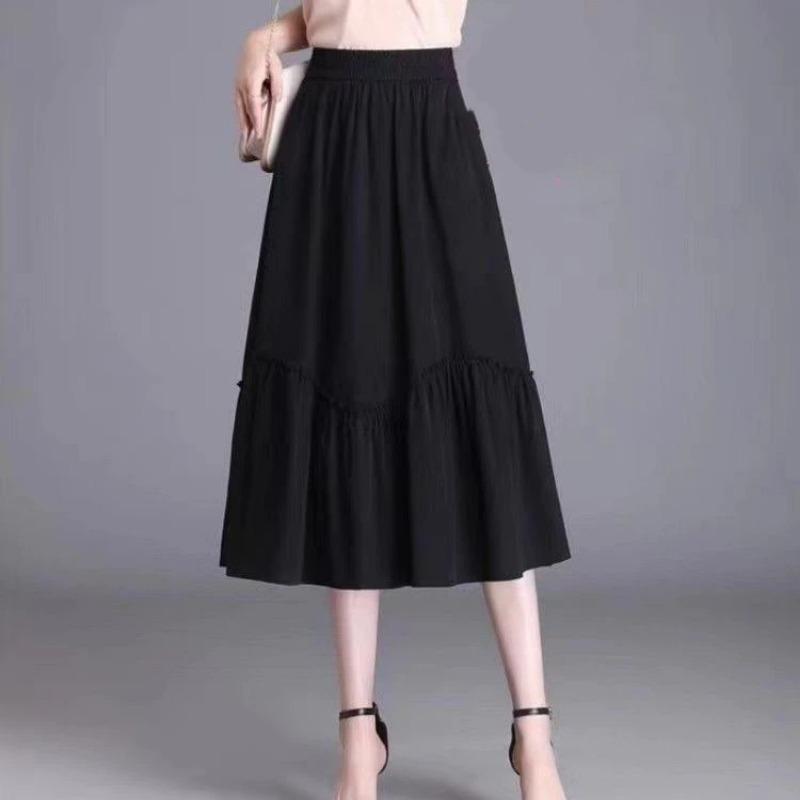Women's Casual Khaki Flowy Ruffled Midi Skirt with Side Pockets