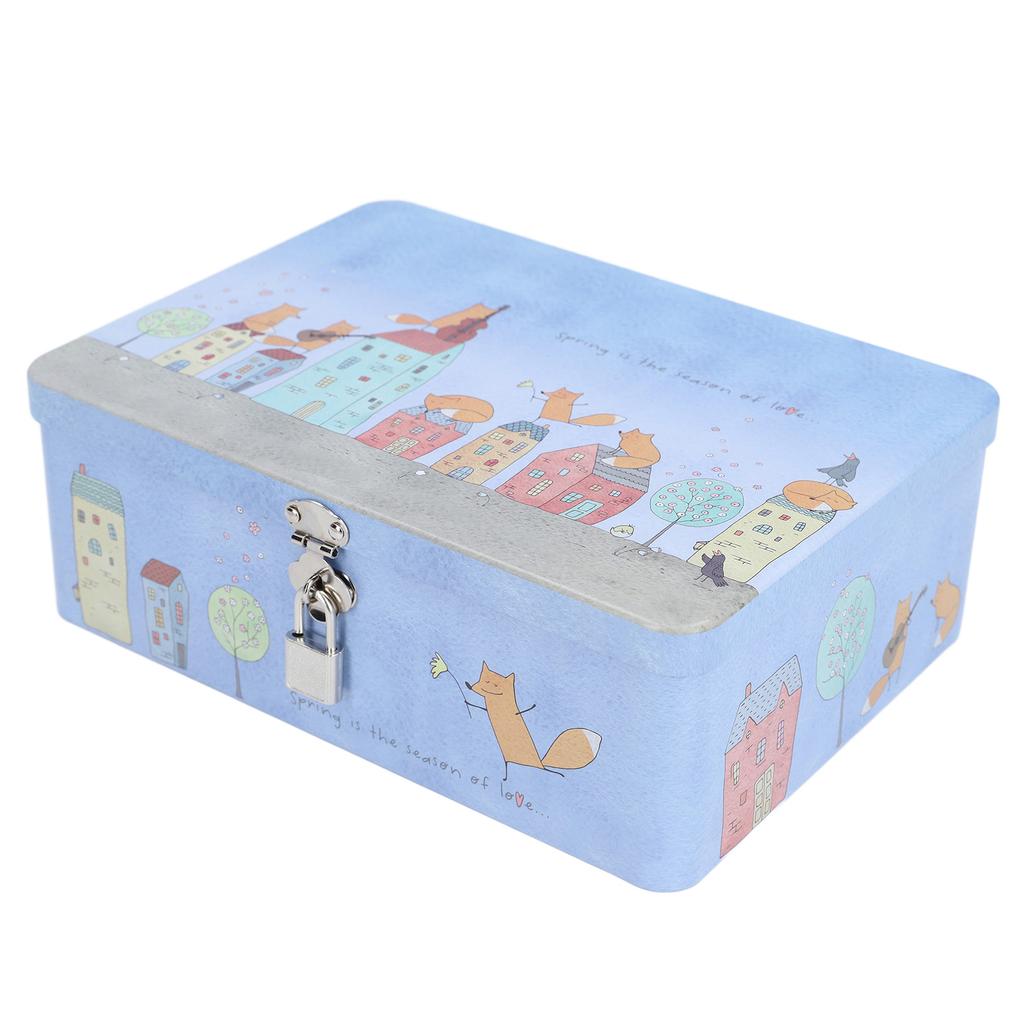 Tinplate Empty Tins Metal Vintage Sundries Storage Box with Lock Lid Cartoon Kids Gift L