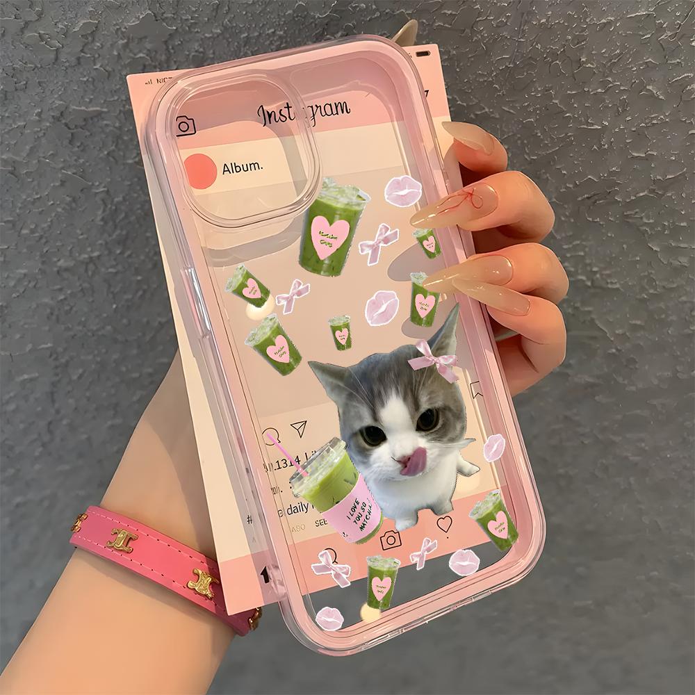Cute Matcha Cat Pattern 2in1 Clear Phone Case For Samsung Galaxy S26 Ultra S25 S23 FE S24 S22 A57 A37 A55 A54 A36 A35 A16 Cover