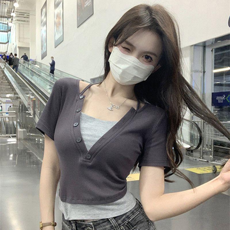 Women's Short Sleeved T-shirt Fake Two-piece Summer New Slim Fit Pure Desire Style Short Cropped Top