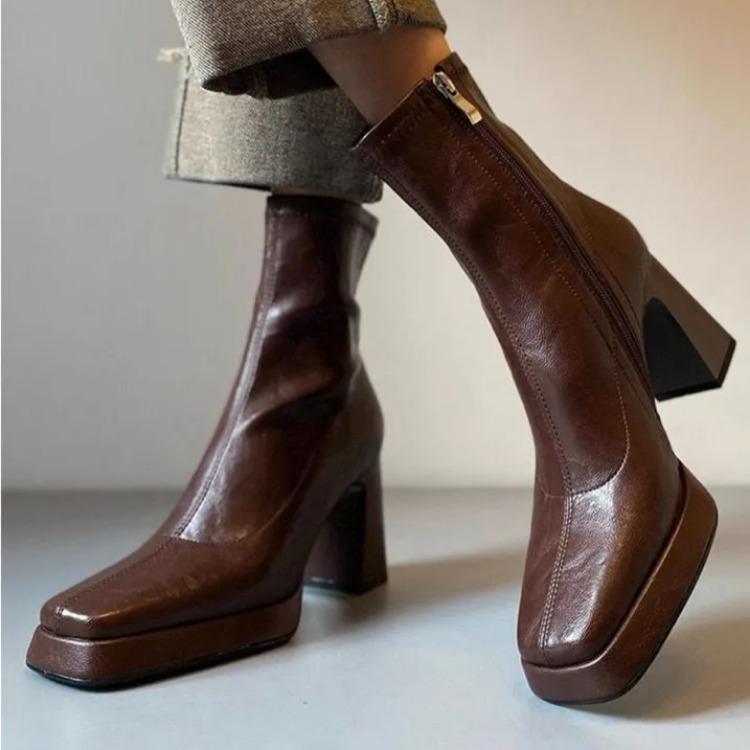 Block Heel Booties Women Fall Winter New Retro Platform Heightened Versatile Square Toe Rear Zipper