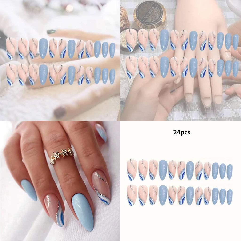 Almond-shaped Simple Wave Blue White French Spring And Summer New Product Fresh And Pure Wearable Nail Art Piece W12