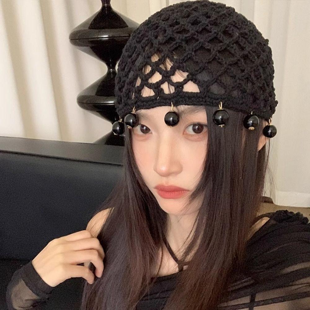 Round Beads Knit Beanies Hollow Out Ethnic Style Hat Crochet Hollow Tassels Knitted Hat  Outdoor