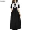 ZANZEA Women Casual Turn Down Collar Long Sleeve Loose Patchwork Dress