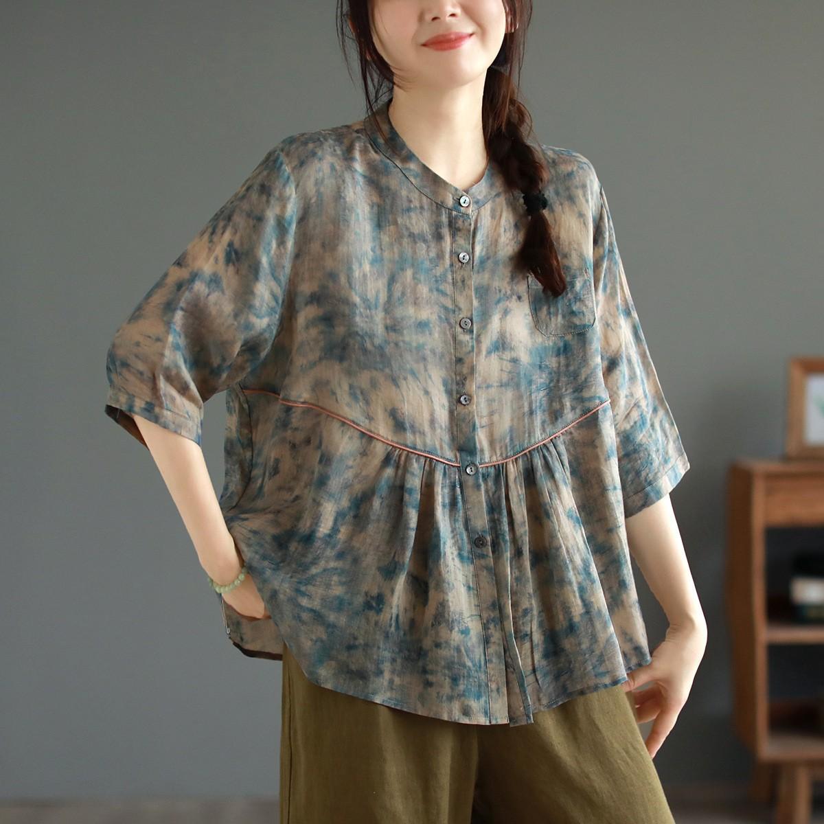 

Johnature женские винтажные рубашки с цветочным принтом летние топы на пуговицах и стойке с половиной рукавом блузки рубашки в китайском стиле One Size темно-синий