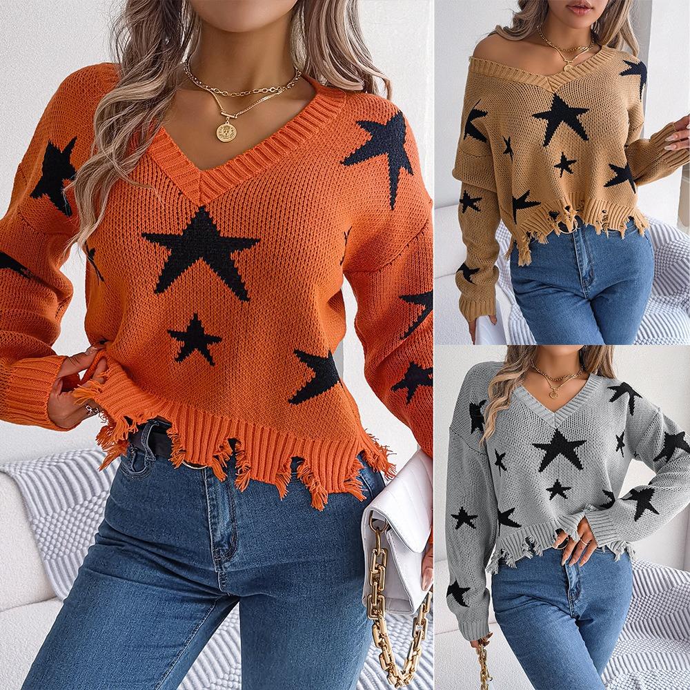 Autumn/Winter Casual V-Neck Star-Print Distressed Long-Sleeved Knitted Pullover for Women