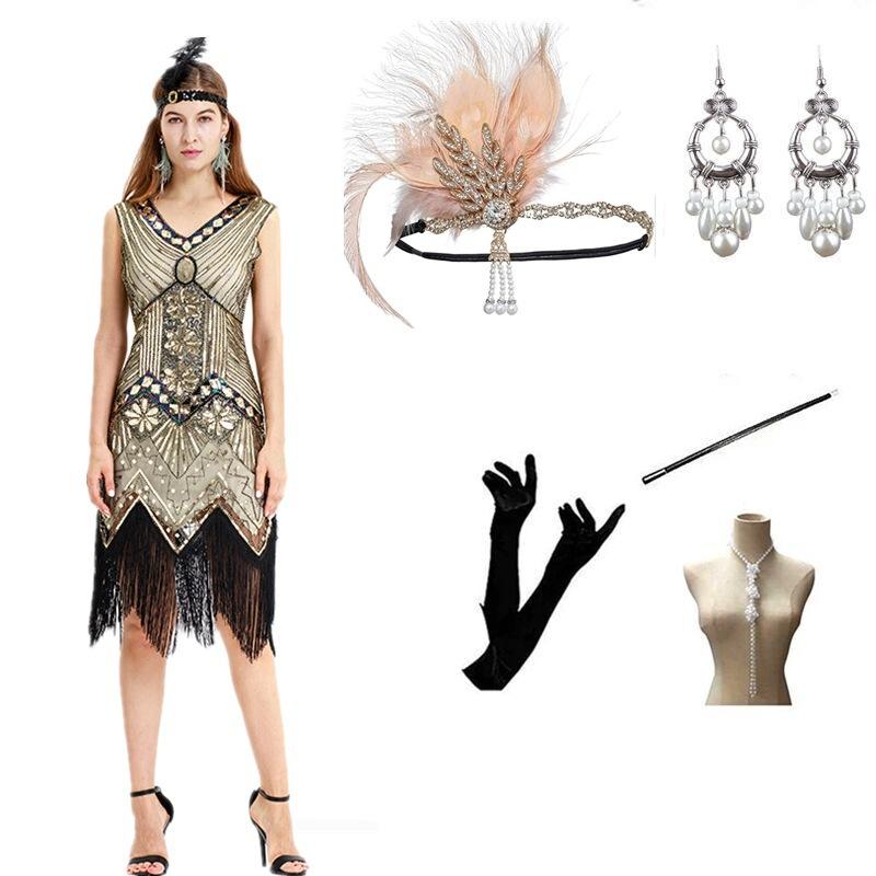 Large Size S-4XL Vintage Dress, Sequined Evening Dress Banquet 1920 Set