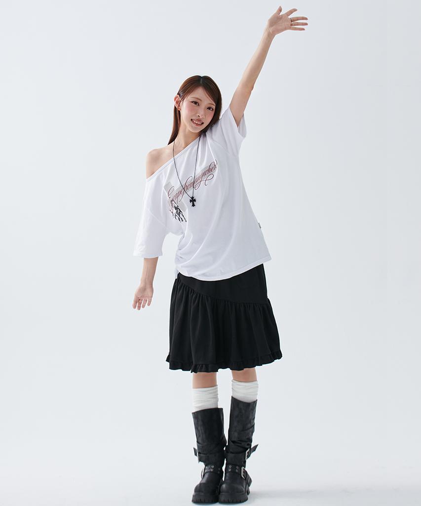 ESCAPEFROM [Escf X Hot Today] Cross Angel Print Side Shirring Detail Loose Fit One-Shoulder Short Sleeve T-Shirt White