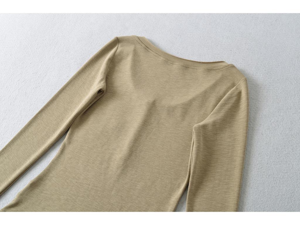 Women's Slim-Fit Long-Sleeve Henley V-Neck Top with Pocket, Stretchy Fine Cotton, Spring/Autumn Style