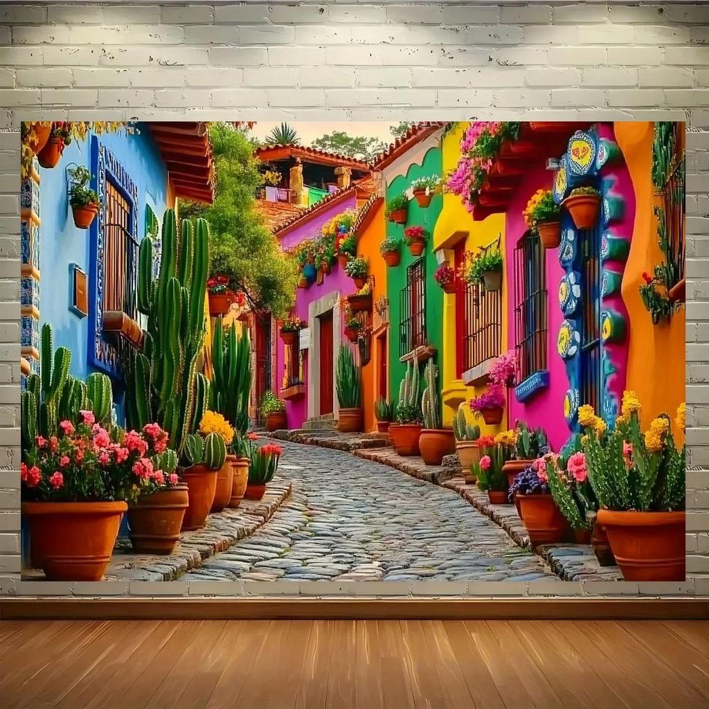 A vibrant 2D graphic banner depicting the colorful scenes of a Mexican village serving as a birthday photography backdrop