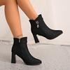 Pointed Toe Versatile Skinny Cloth Top Block Heel Booties Fashion Metal Buckle Side Zipper Non-Slip High Heels