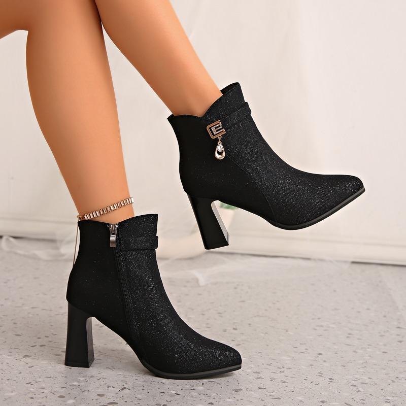 Pointed Toe Versatile Skinny Cloth Top Block Heel Booties Fashion Metal Buckle Side Zipper Non-Slip High Heels