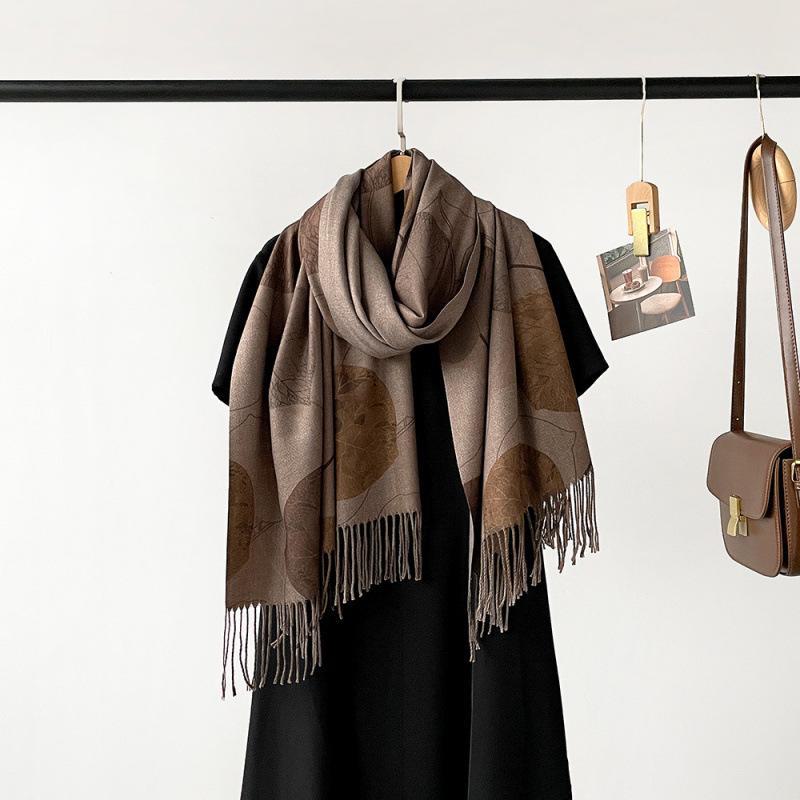 Long Digital Print Cashmere-Like Scarf, Leaf & Orange Design with Tassels, Warm Coffee Color Shawl for Women, Perfect for Spring & Autumn