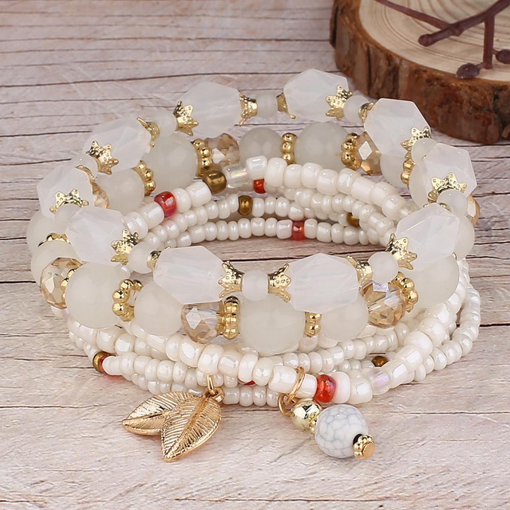 DIEZI Korean Ethnic Bohemian Crystal Beads Leaves Charm Bracelets For Women Girls Elastic Rope Wrap Bracelet Pulseira Feminina