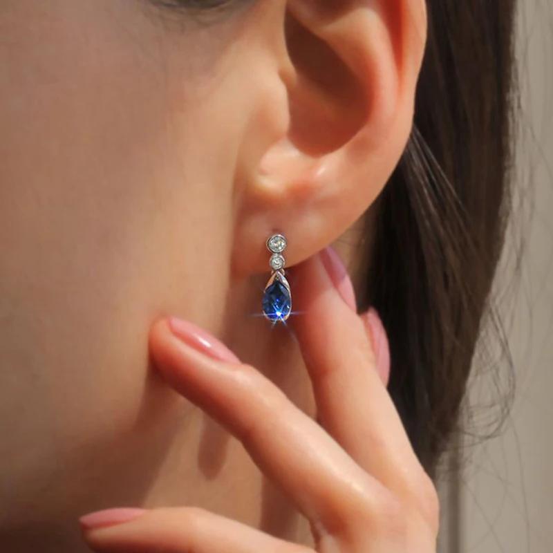 Chic Trendy Drop Earrings for Women Blue Zirconia Pendant Jewelry for Engagement Dainty Fashion Accessories for Female