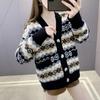 Autumn and winter new knitted cardigan retro rhombus lattice lazy wind loose sweater jacket women