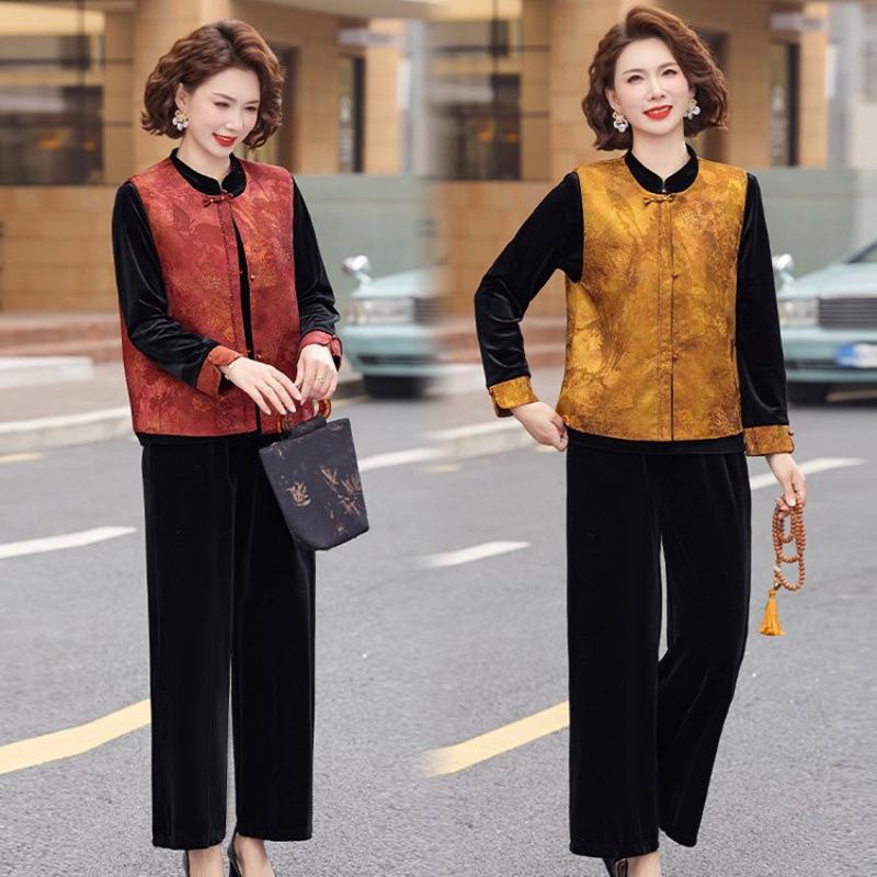 Mom's 2026 New Style Spring Autumn Velvet Tang Suit Shawl Jacket for Middle-aged Women