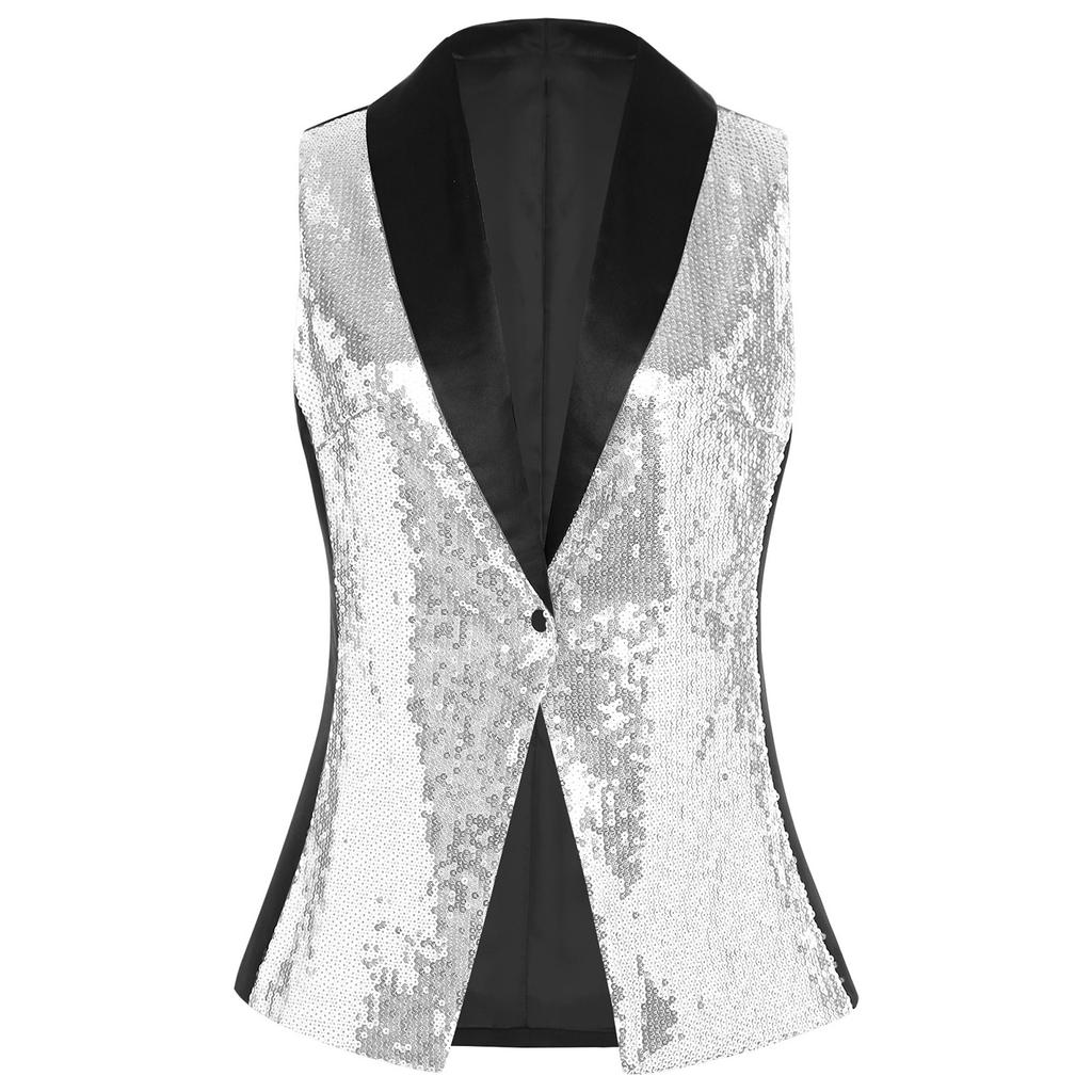 Damen Elegant Paillettenweste V-Ausschnitt Ärmelloses Design All-Match Weste Bankett Hochzeitsfeier Outfit