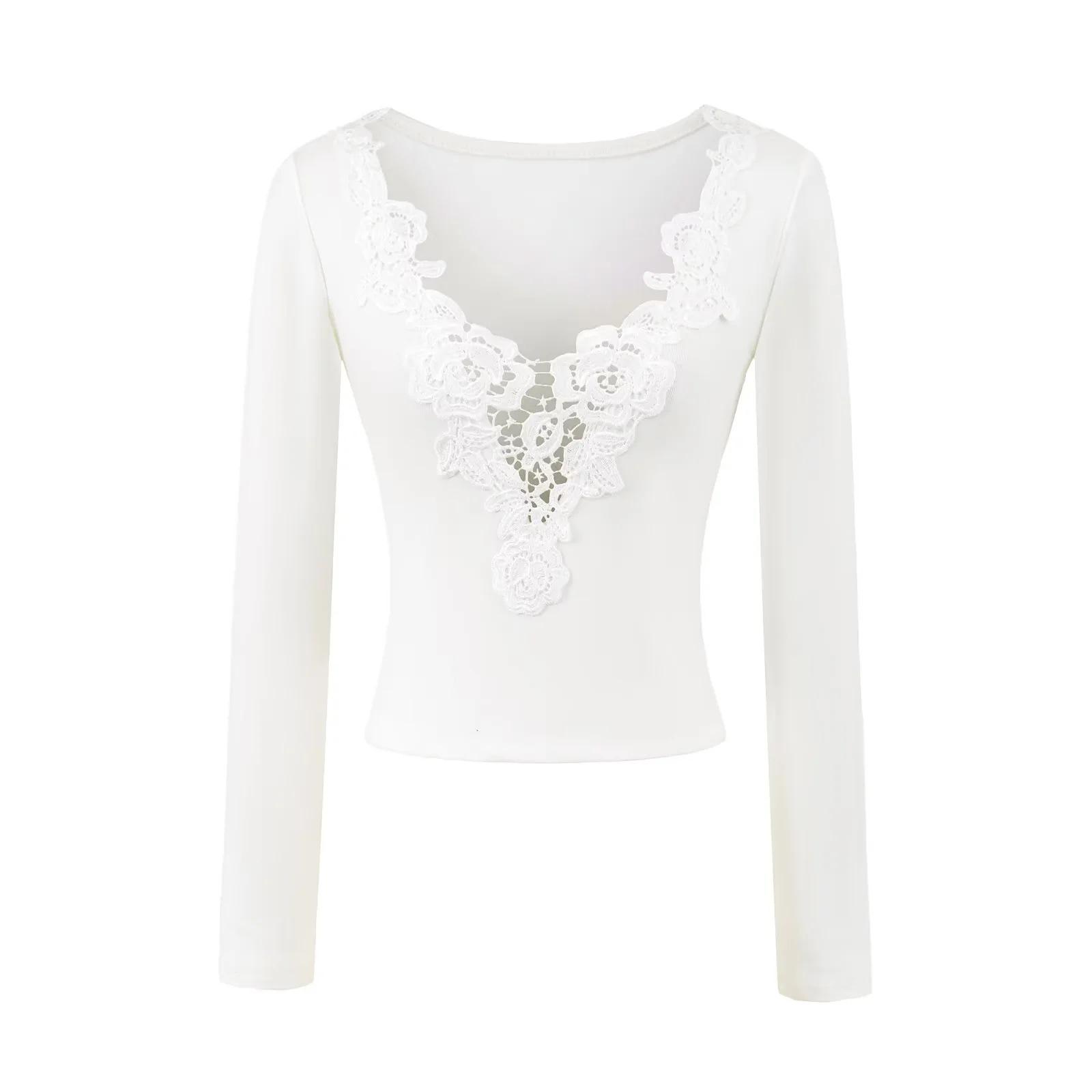 

Women s European V-Neck Lace Long-Sleeve Top - Brushed Velvet, Slim Fit, Autumn/Winter Small белый