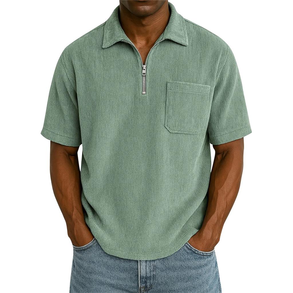 Men's Summer Solid Color Zipper Pocket Lapel Loose Short Sleeve Top
