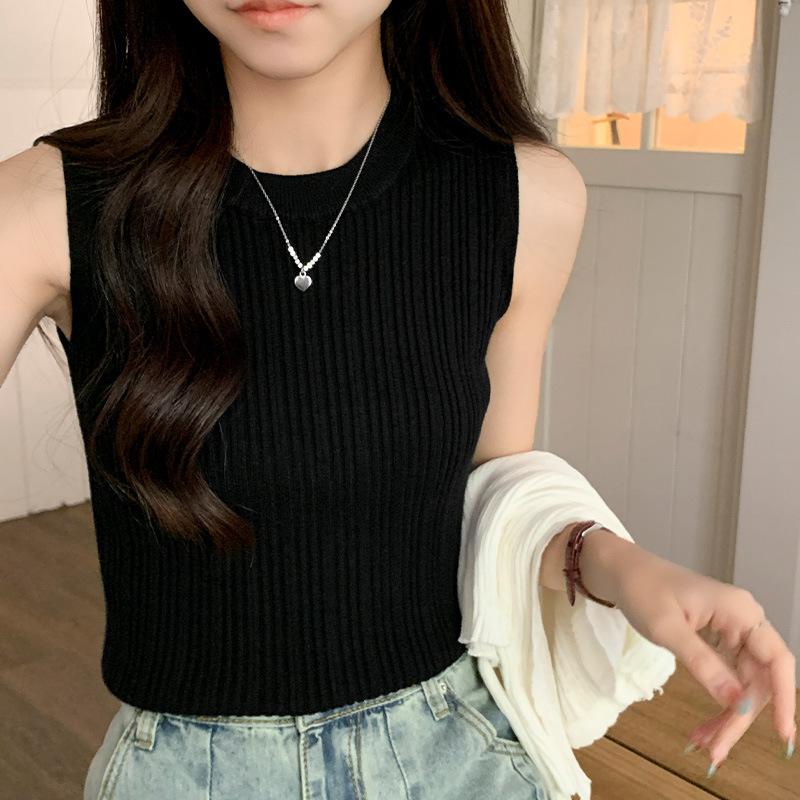 Solid Color Short Knitted Crew Neck Vest Women's Inner Summer Sleeveless Vest Slim Fit Wide Shoulder Strap Outer Bottom Top