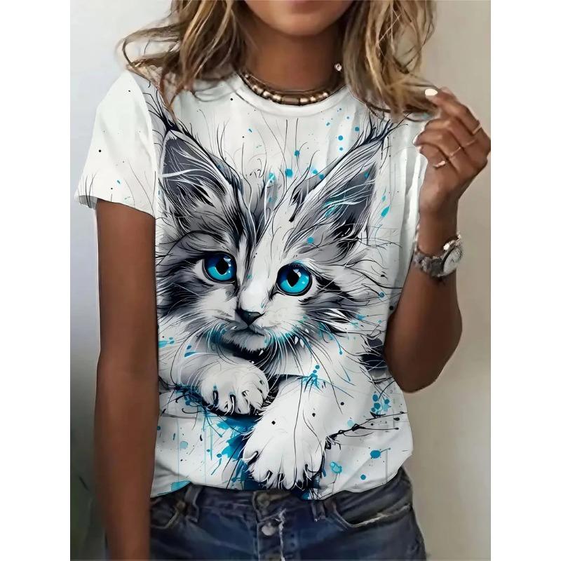 Cute Cartoon Cat Pattern Women's T-shirts Funny Animal 3D Printed Short Sleeves Summer O-Neck T-shirts