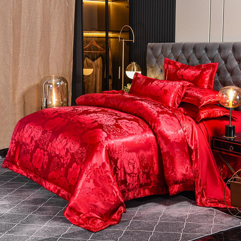 Europejska satyna żakardowa Czerwona pościel ślubna Zestaw czteroczęściowy