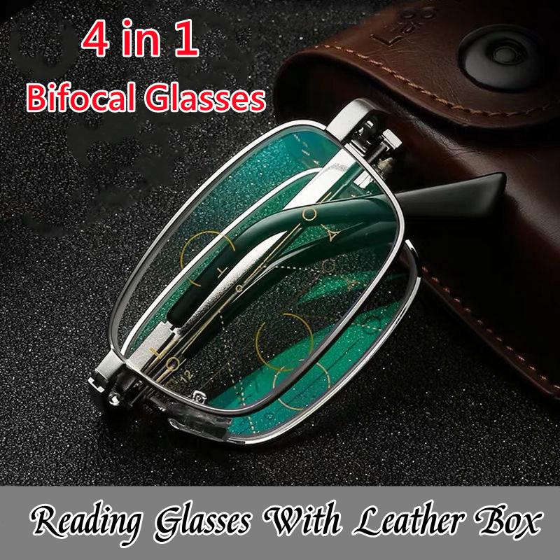 4 In 1 Bifocal Folding Reading Glasses Unisex Collapsible Metal Lenses With Leather Box Farsighted Eyeglasses Diopter Glasses