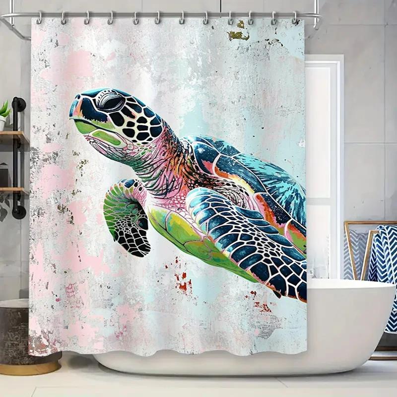 

Bright Tiled Turtle Bath Mat Shower Curtain Waterproof Decorative Home Decor 3D Printed Bathroom Rug White Green Blue Pink W90xH180cm