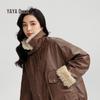 YAYA Women's Short Faux Leather Down Jacket with Fur Collar