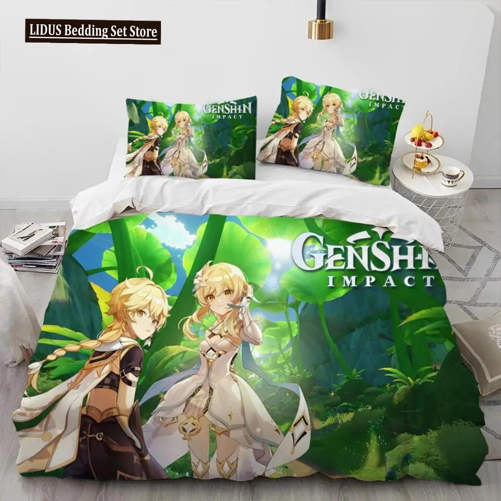 Set de lenjerie de pat Anime Genshin Impact Game Băieți Fete Twin Queen Size Husă de pilota Față de Pernă Pat Copii Adulti Textile de casaextile