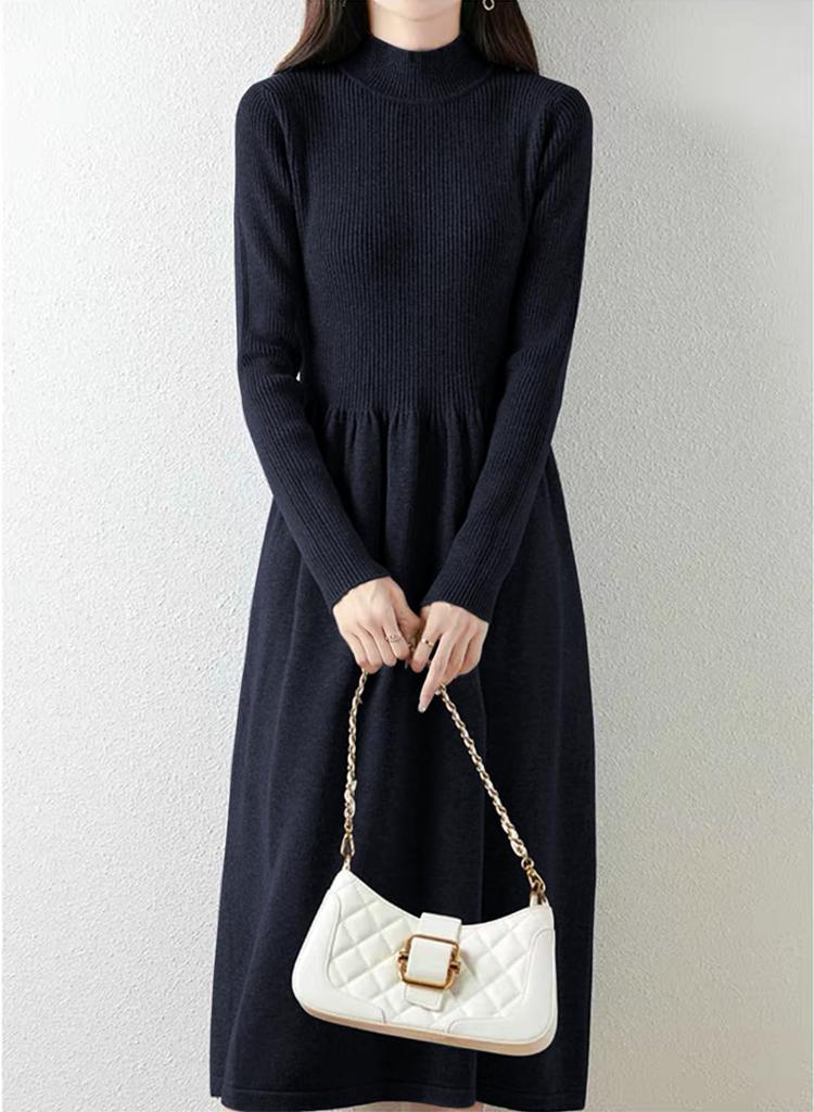 Yino Knit Midi Long High Slim Everyday Women's Dress, Sleeves, Flared, Waist, Fit, Stretchy, Slimming, Figure-Flattering, Warm, Cute, Stylish, Wear,