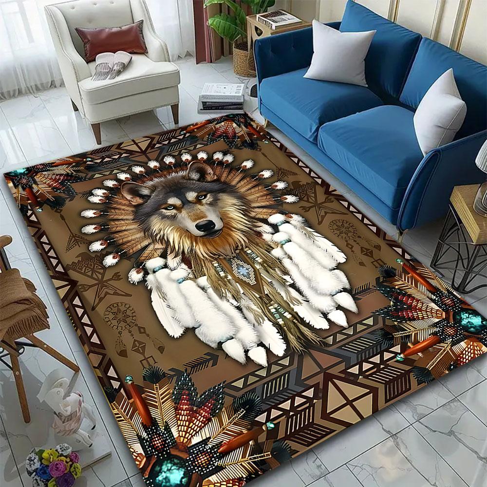 Wolf with Tribal Feather Headdress Patterned Carpet, Suitable As a Non Slip Play Mat for the Living Room and Bedroom Sofa