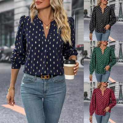 Women Spring Autumn Long Sleeve V Neck Casual Printed Pullover Shirt Top