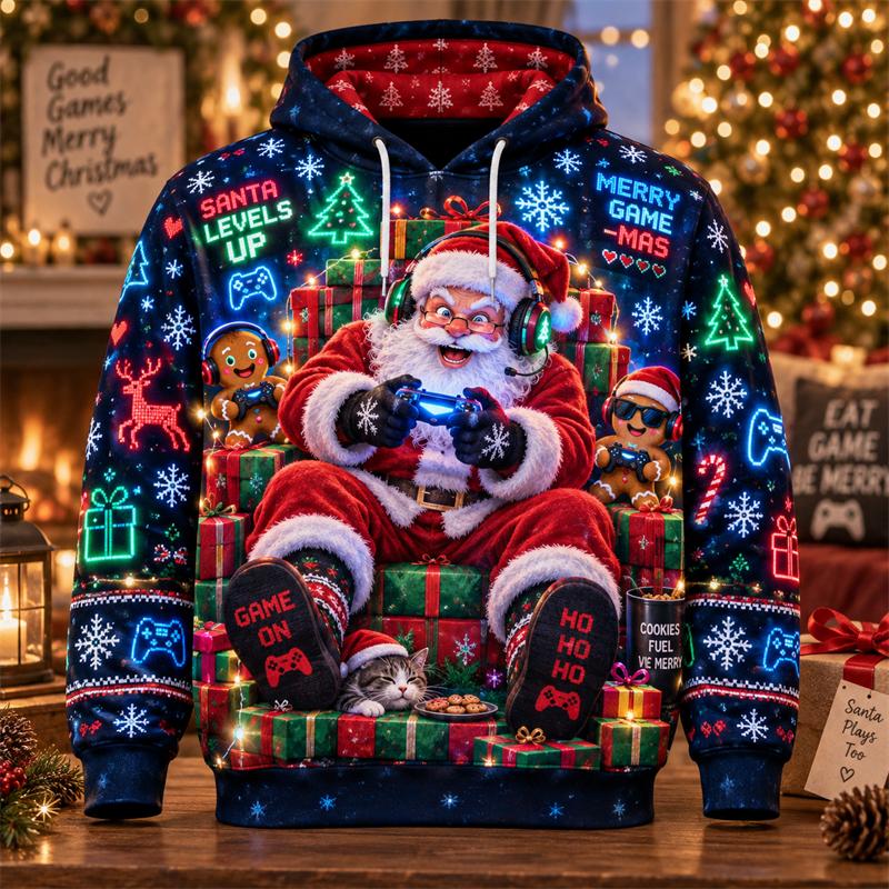Komik Noel Baba Noel Kapüşonlu Sweatshirt 3D Baskı Snowboard Oyun Sıcak Kakao Ren Geyiği Şenlikli Kazak Tatil Partisi Kış Hediyesi