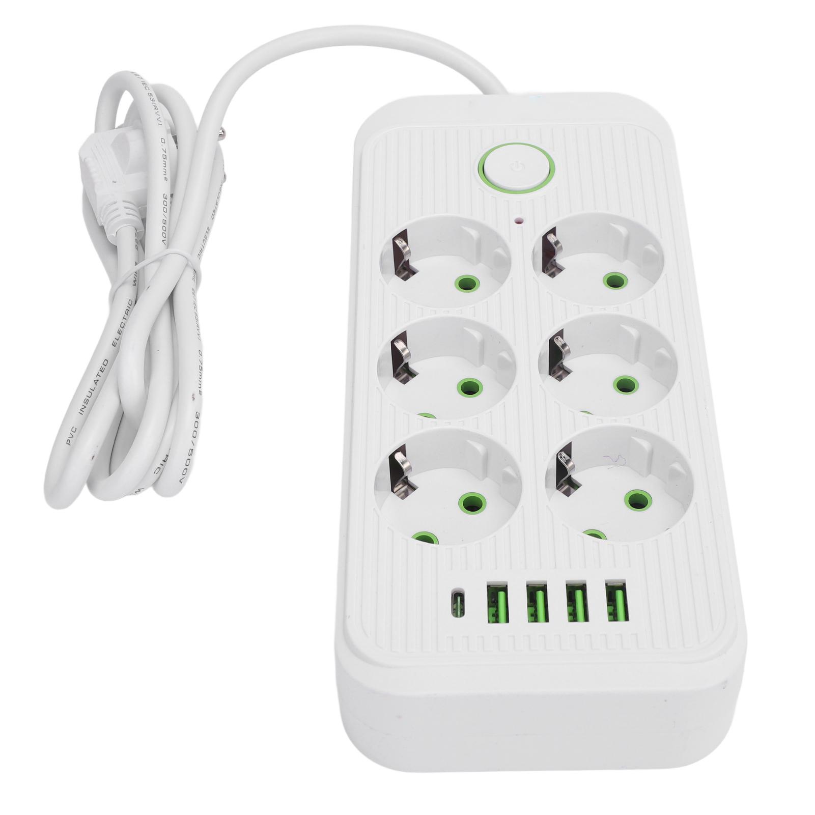 

6 Way Power Strip with 4 USB and 1 Type C Port European Standard Power Socket with Switch 2 Meter Cable