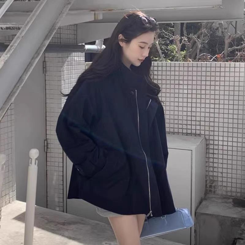 Korean chic autumn new retro British style stand-up collar design sense niche loose long-sleeved trench coat women