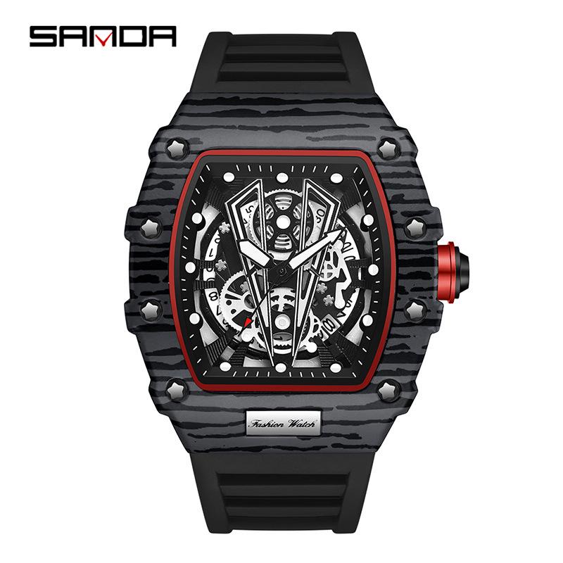Sanda Men s Barrel-Shaped Quartz Watch - Skeleton Design, Calendar, Waterproof, Luminous