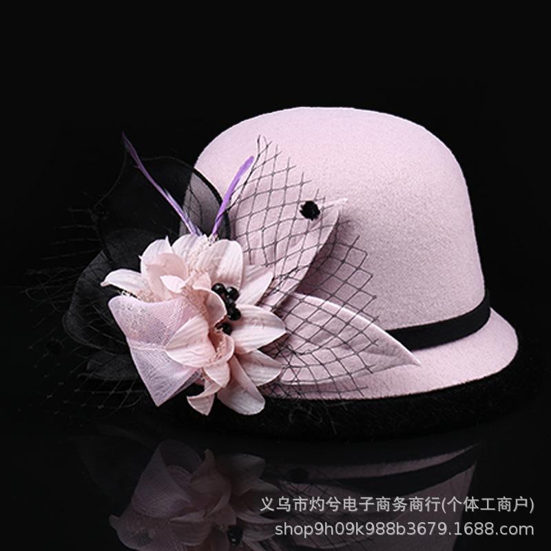 Autumn and winter woolen hat British retro top hat women's dome fashion hat pot hat flower decoration literary and retro