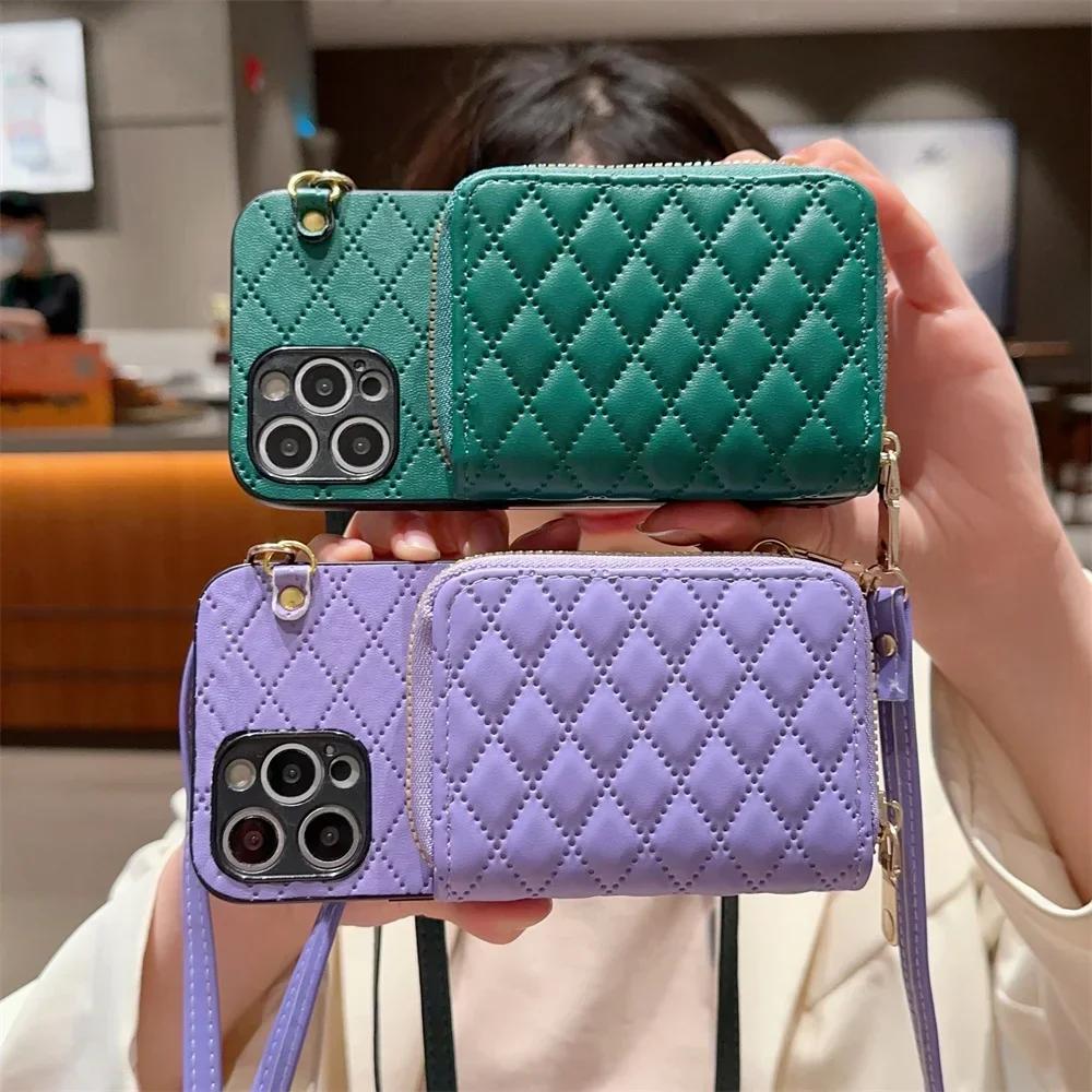 Peněženka na zip Crossbody Pouzdro na telefon pro IPhone 16 15 14 13 12 11 Pro XS Max X XR 7 8 Plus Držák na karty Šňůrka Kožený kryt