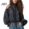 Skin Friendly Shirts Women Fall Cold Shoulder Shirt, Vintage Ethnic Print High Collar Blouse, Casual Ruffle Lantern Sleeve Top Ladies