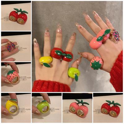Unique Strawberry Drip Oil Ring Lemon Dripping Oil Painting Ring Korean Style Cherry Fruit Enamel Ring Gift