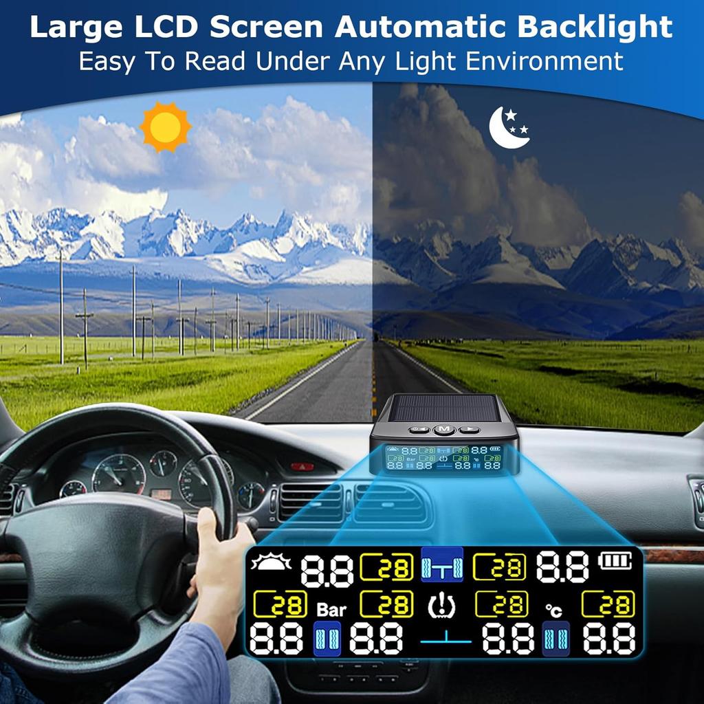 RV Tire Pressure Monitoring System -TPMS Tire Pressure Monitor With 6 Sensors,M12-3 TPMS Solar Charge & USB Color LCD Display, 0-9.9BAR/144PSI Range,