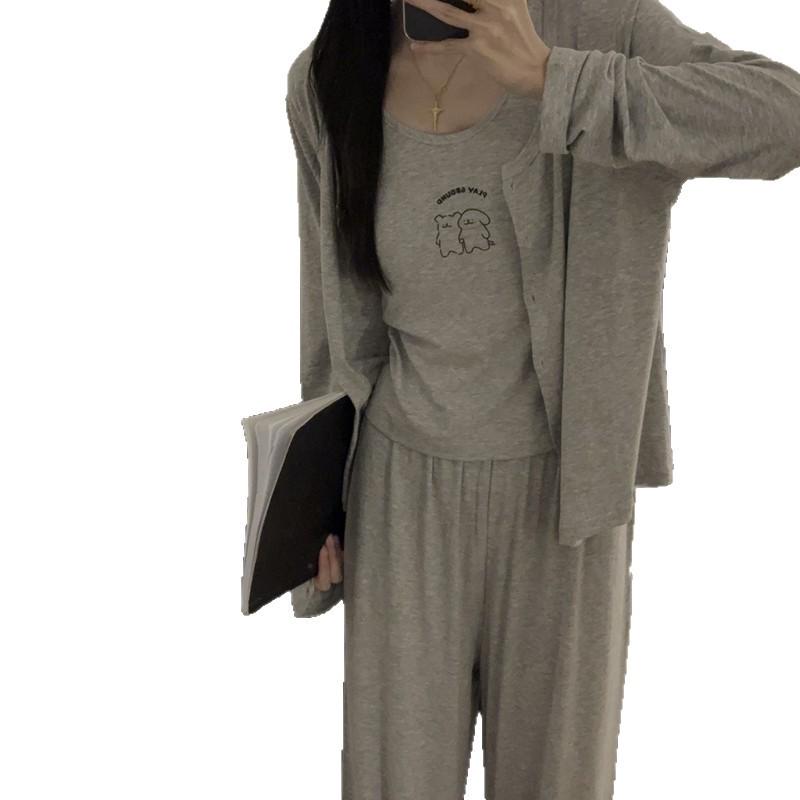 Women's Modal Cotton Pajama Set - Three-Piece Sleeveless and Long Sleeve with Chest Pads for Indoor or Outdoor Use