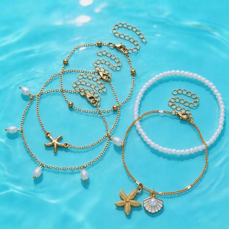 Ocean Style Five-Layer Anklet Set, Gold Starfish and Shell Pendants with Faux Pearl Beaded Anklets, Beach Vacation Accessories