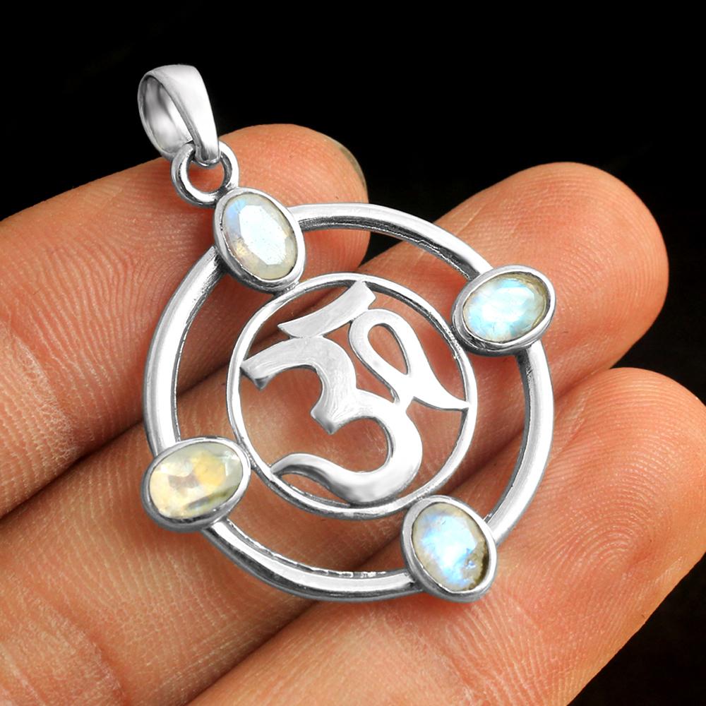 Natural Moonstone Om Pendant Necklace 925 Sterling Silver Women Jewelry
