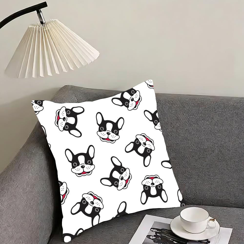 Cartoon French Bulldog Pattern Cushion Cover Reversible Plush Pillow Cover – For car, sofa, bedroom, perfect as a gift.
